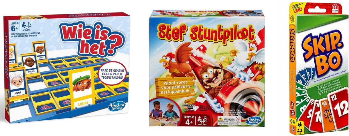 Hasbro Spellenbundel - Bordspel - 3 Stuks - Wie Is Het? & Skip-bo & Stef Stuntpiloot