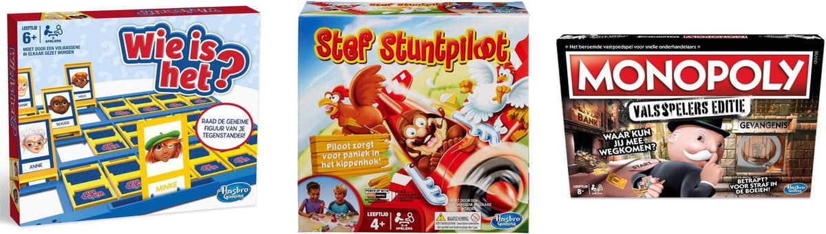 Hasbro Spellenbundel - Bordspel - 3 Stuks - Wie Is Het? & Monopoly Valsspelereditie & Stef Stuntpiloot