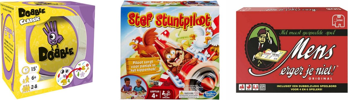 Hasbro Spellenbundel - Bordspellen - 3 Stuks - Dobble Classic & Mens Erger Je Niet & Stef Stuntpiloot