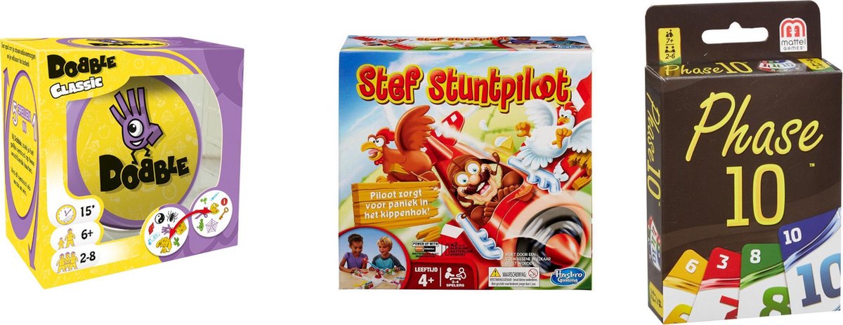 Hasbro Spellenbundel - Bordspellen - 3 Stuks - Dobble Classic & Phase 10 & Stef Stuntpiloot