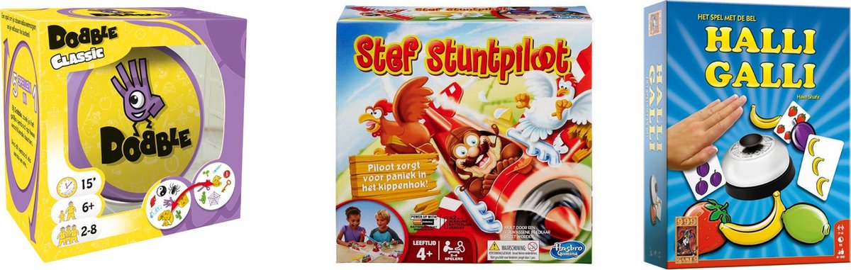 Hasbro Spellenbundel - Bordspellen - 3 Stuks - Dobble Classic & Halli Galli & Stef Stuntpiloot