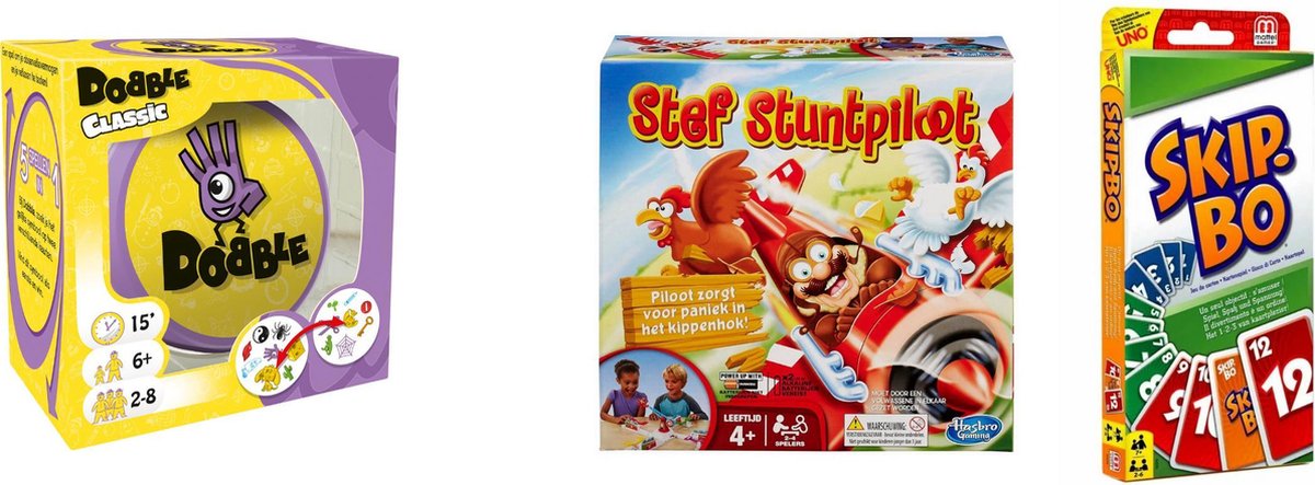 Hasbro Spellenbundel - Bordspellen - 3 Stuks - Dobble Classic & Skip-bo & Stef Stuntpiloot