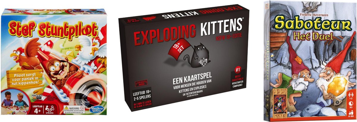 999Games Spellenbundel - Kaartspel - 3 Stuks - Exploding Kittens Nsfw (18+) & Saboteur: Het Duel & Stef Stuntpiloot