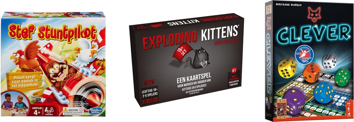 999Games Spellenbundel - Kaartspel - 3 Stuks - Exploding Kittens Nsfw (18+) & Clever & Stef Stuntpiloot