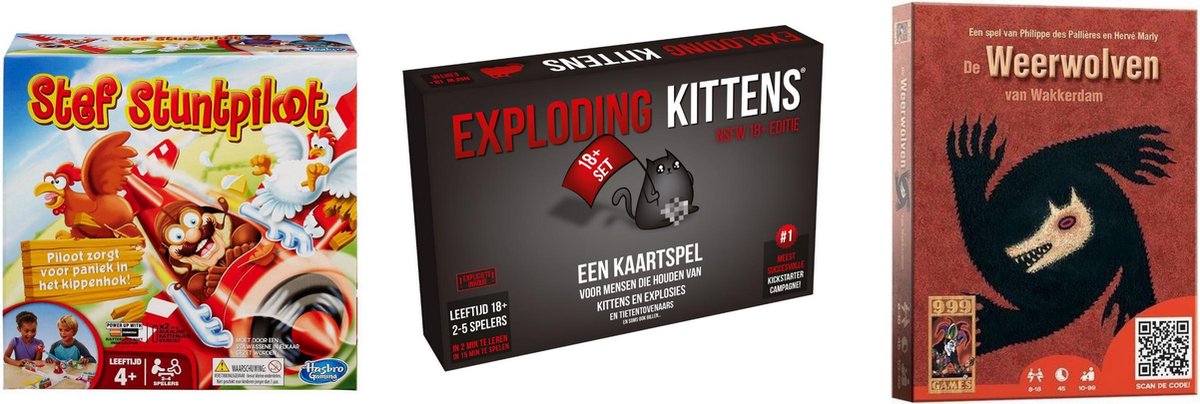 999Games Spellenbundel - Kaartspel - 3 Stuks - Exploding Kittens Nsfw (18+) & Weerwolven Van Wakkerdam & Stef Stuntpiloot