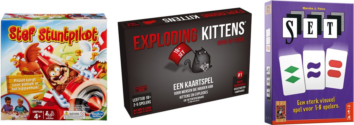 999Games Spellenbundel - Kaartspel - 3 Stuks - Exploding Kittens Nsfw (18+) & Set! & Stef Stuntpiloot