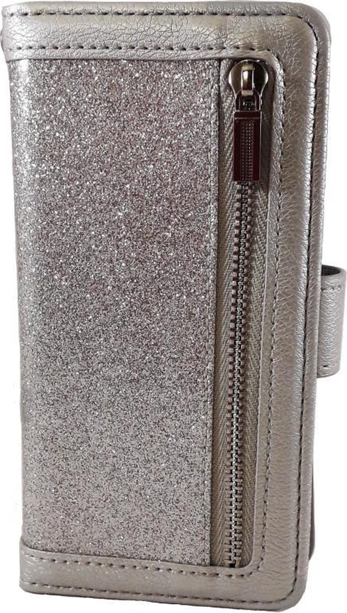 Hem Apple Iphone 12 - Magic Glitter Shiny- Leren Rits Portemonnee Telefoonhoesje - Silver