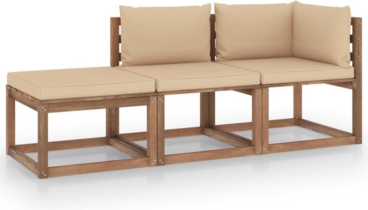 Vidaxl 3-delige Loungeset Pallet Met Kussens Geïmpregneerd Grenenhout - Beige