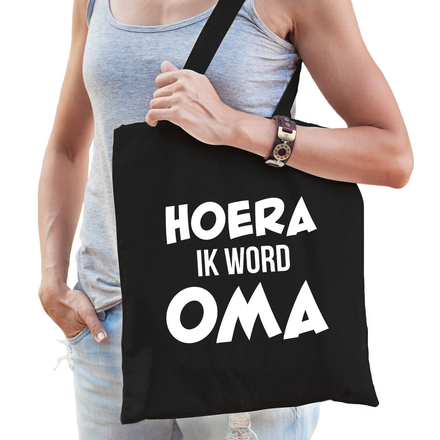 Bellatio Decorations Hoera Ik Word Oma Cadeau Katoenen Tas Voor Dames - Cadeau Aanstaande Oma - Feest Boodschappentassen - Zwart