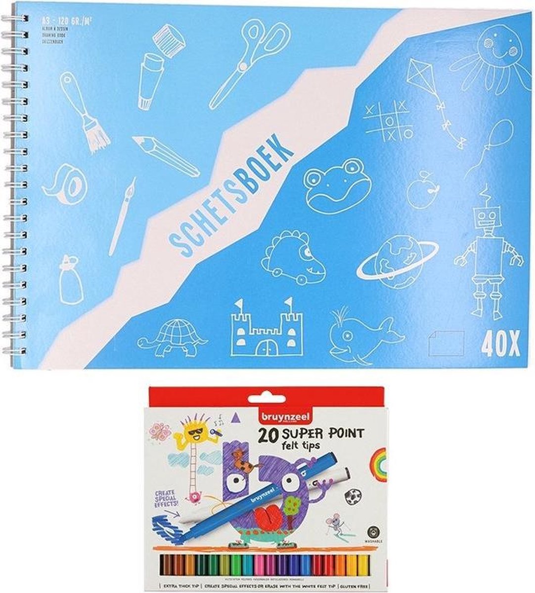 Schetsboek/tekenboek Papier A3 Incl 20 Viltstiften Superpunt - Schetsboeken - Wit