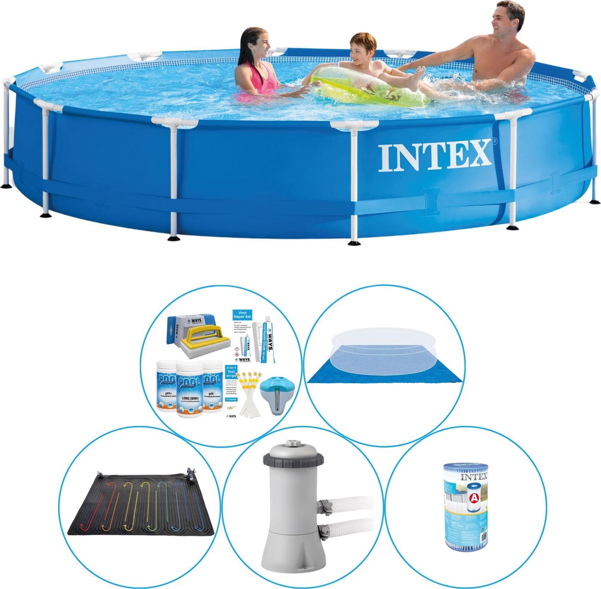 Intex Zwembad Plus Accessoires - 6-delig - Metal Frame Rond 366x76 Cm - Blauw