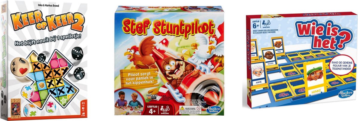 999Games Spellenset - 3 Stuks - Keer Op Keer 2 & Wie Is Het? & Stef Stuntpiloot
