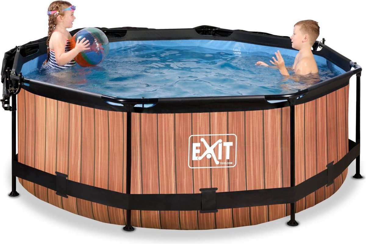 EXIT Toys Wood Zwembad ø244x76cm Met Schaduwdoek En Filterpomp - - Bruin