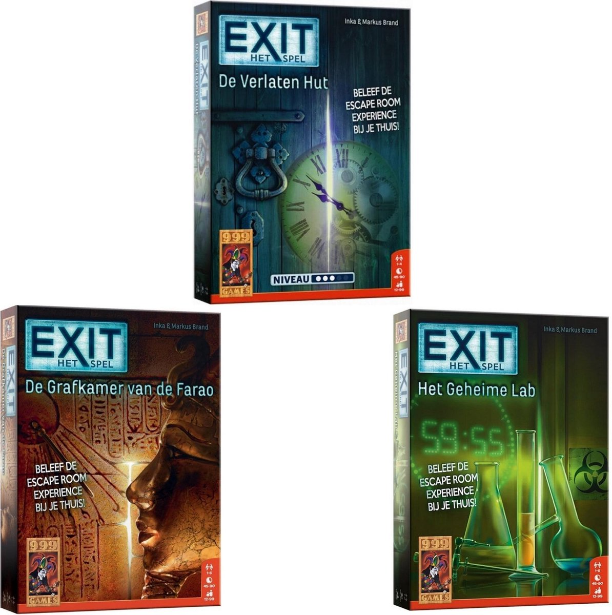 999Games Bordspellen - 3 Stuks - Exit - De Verlaten Hut & De Grafkamer Van De Farao & Het Geheime Lab