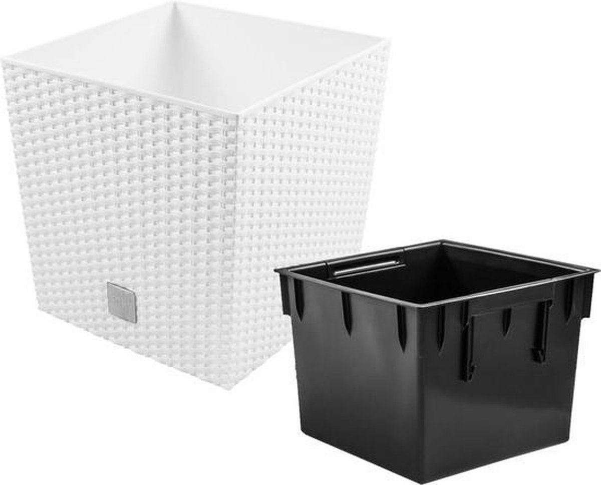 Kunststof Rato Rotan Bloempot/plantenpot Met Binnenpot 22 Cm - Plantenbakken - Wit