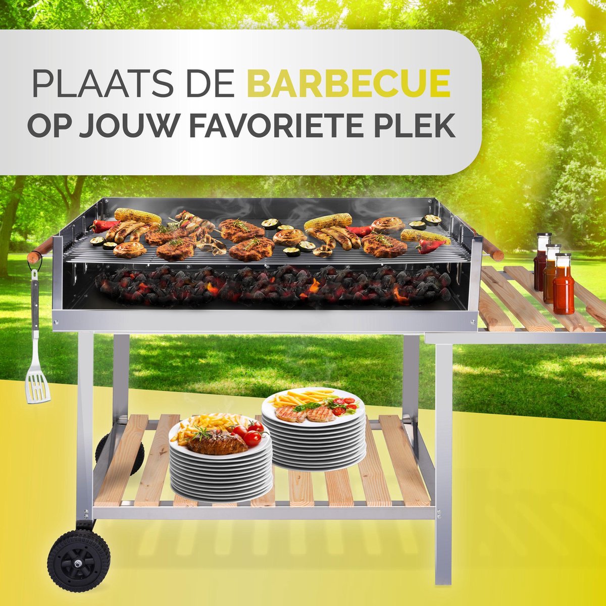 GS Quality Products Houtskoolbarbecue 100x85 Cm - Rvs Barbecue Op Trolleywagen - Buitenkeuken