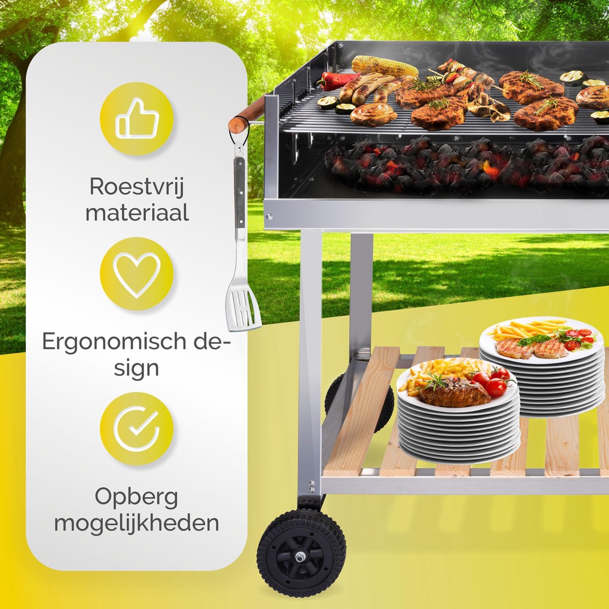 GS Quality Products Houtskoolbarbecue 100x85 Cm - Rvs Barbecue Op Trolleywagen - Buitenkeuken
