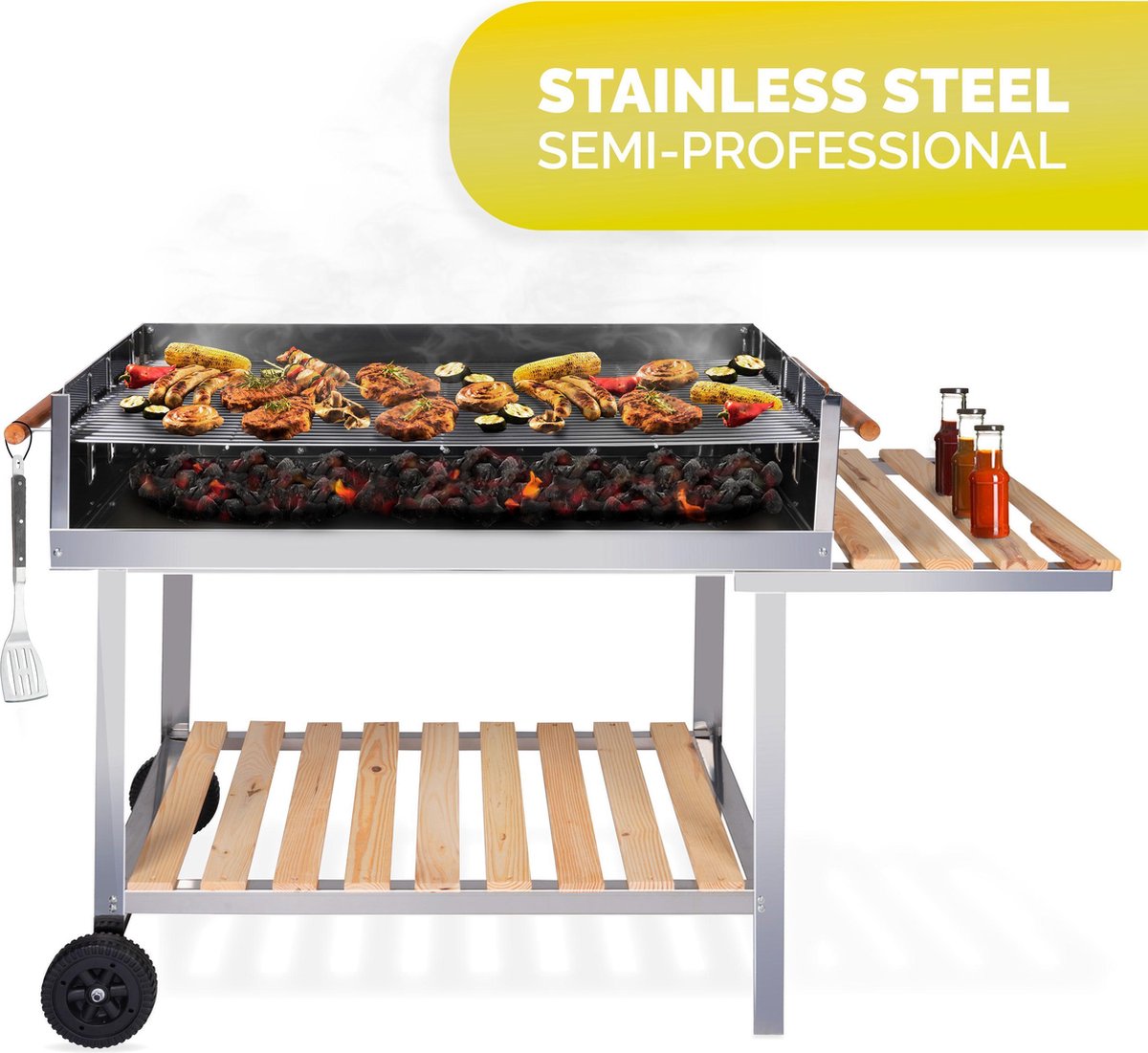 GS Quality Products Houtskoolbarbecue 100x85 Cm - Rvs Barbecue Op Trolleywagen - Buitenkeuken