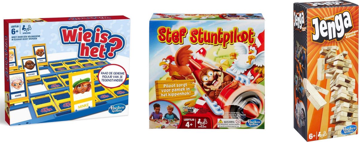 Hasbro Spellenbundel - Bordspel - 3 Stuks - Wie Is Het? & Jenga & Stef Stuntpiloot