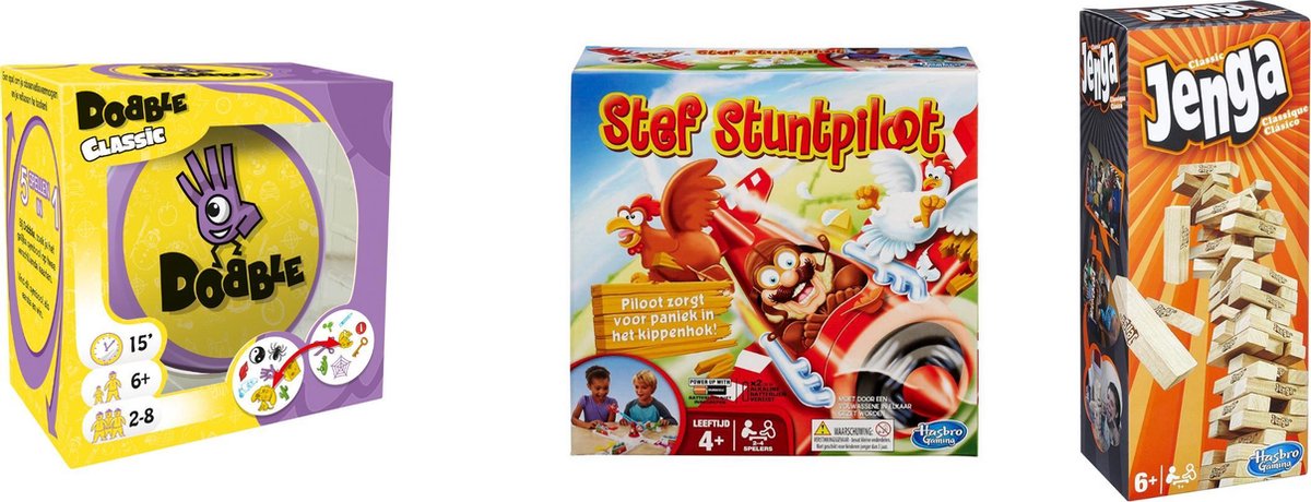 Hasbro Spellenbundel - Bordspellen - 3 Stuks - Dobble Classic & Jenga & Stef Stuntpiloot