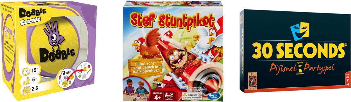 Hasbro Spellenbundel - Bordspellen - 3 Stuks - Dobble Classic & 30 Seconds & Stef Stuntpiloot