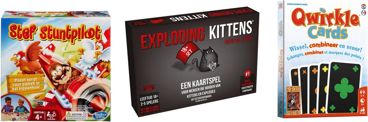 999Games Spellenbundel - Kaartspel - 3 Stuks - Exploding Kittens Nsfw (18+) & Qwirkle & Stef Stuntpiloot