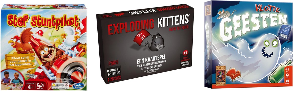 999Games Spellenbundel - Kaartspel - 3 Stuks - Exploding Kittens Nsfw (18+) & Vlotte Geesten & Stef Stuntpiloot