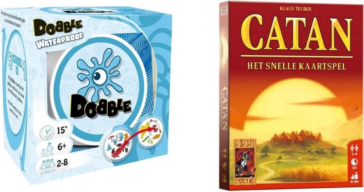 999Games Spellenbundel - Kaartspel - 2 Stuks - Dobble Beach Waterproof & Catan: Het Snelle Kaartspel