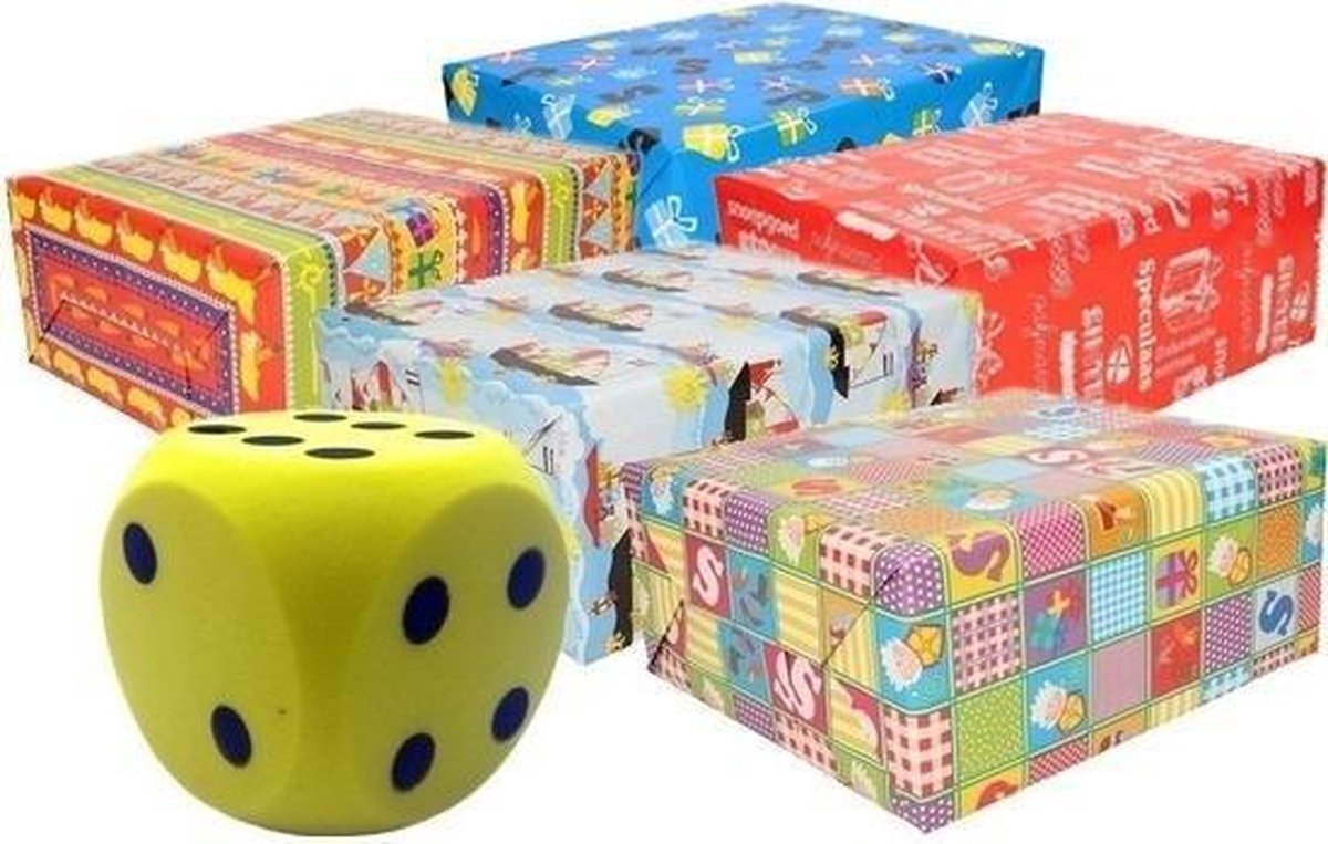 Bellatio Decorations Sinterklaasavond/pakjesavond Spel Dobbelsteen En 12x Cadeaupapier/inpakpapier Rollen - Dobbelspellen - Geel