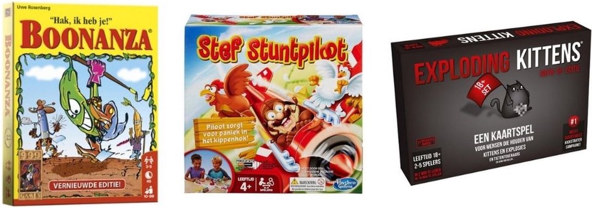 999Games Spellenbundel - Kaartspellen - 3 Stuks - Boonanza & Exploding Kittens Nsfw & Stef Stuntpiloot
