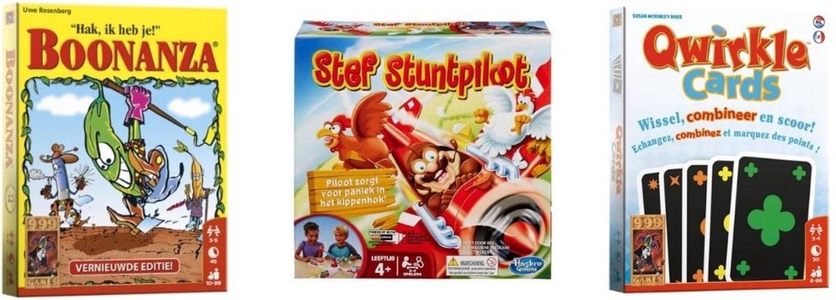 999Games Spellenbundel - Kaartspellen - 3 Stuks - Boonanza & Qwirkle Kaartspel & Stef Stuntpiloot