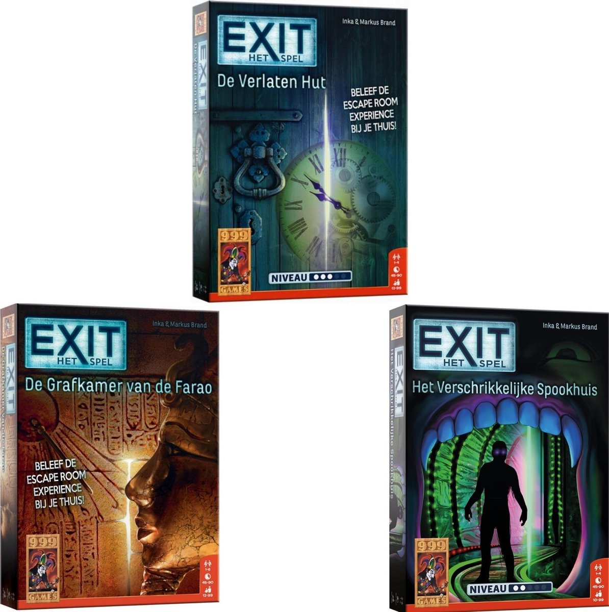 999Games Bordspellen - 3 Stuks - Exit - De Verlaten Hut & De Grafkamer Van De Farao & Het Verschrikkelijke Spookhuis