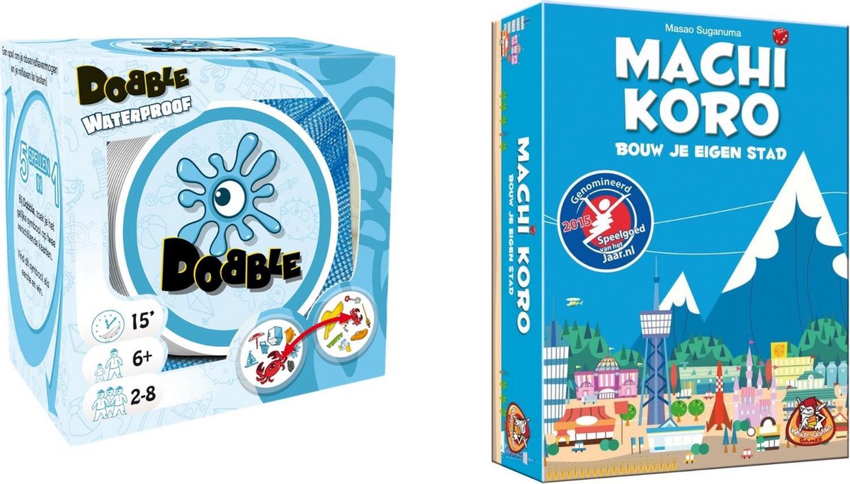White Goblin Games Spellenbundel - Kaartspel - 2 Stuks - Dobble Beach Waterproof & Machi Koro Basisspel