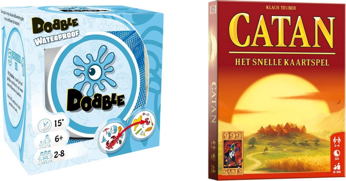 999Games Spellenbundel - Kaartspel - 2 Stuks - Dobble Beach Waterproof & Catan: Het Snelle Kaartspel