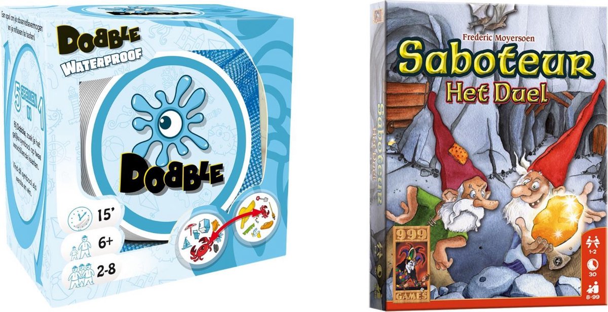 999Games Spellenbundel - Kaartspel - 2 Stuks - Dobble Beach Waterproof & Saboteur: Het Duel