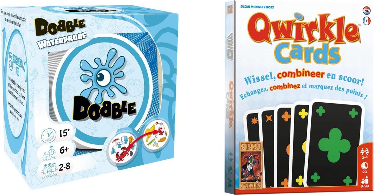 999Games Spellenbundel - Kaartspel - 2 Stuks - Dobble Beach Waterproof & Qwirkle Kaartspel