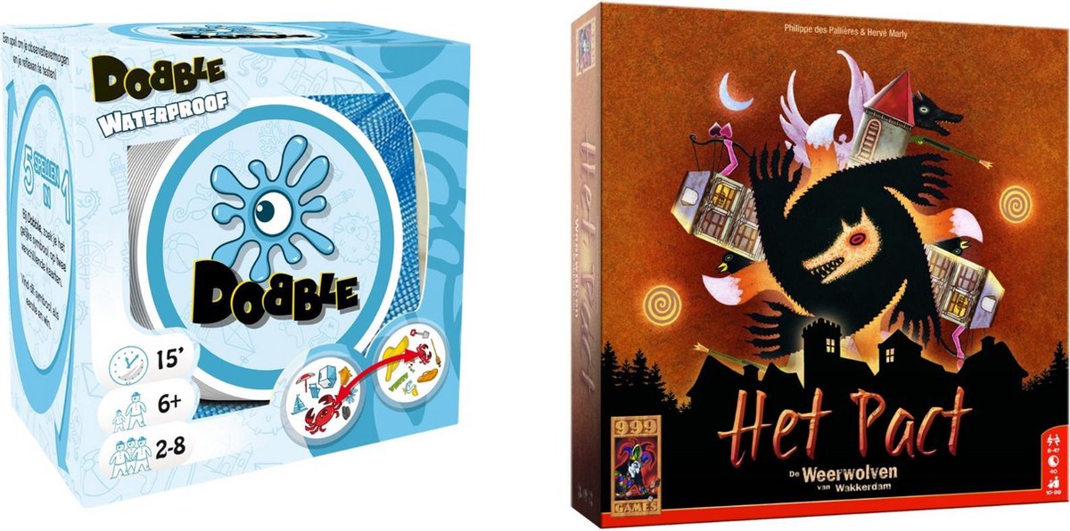 999Games Spellenbundel - Kaartspel - 2 Stuks - Dobble Beach Waterproof & De Weerwolven Van Wakkerdam: Het Pact