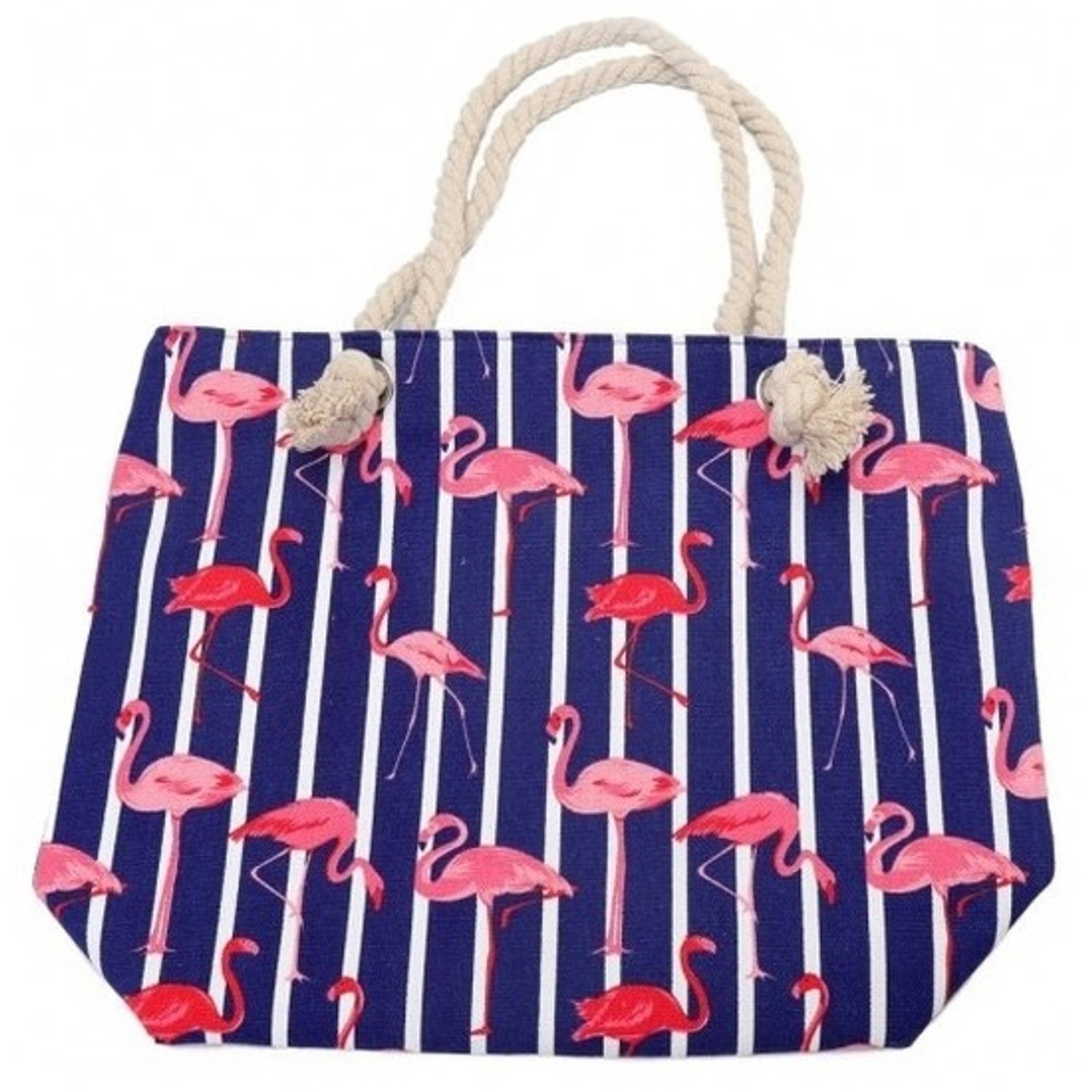 Strandtas Flamingo Print 43 Cm - Strandartikelen Beach Bags/shoppers Met Ritssluiting - Blauw