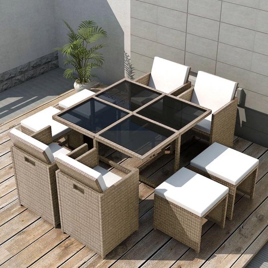 Vidaxl 9-delige Tuinset Met Kussens Poly Rattan - Beige