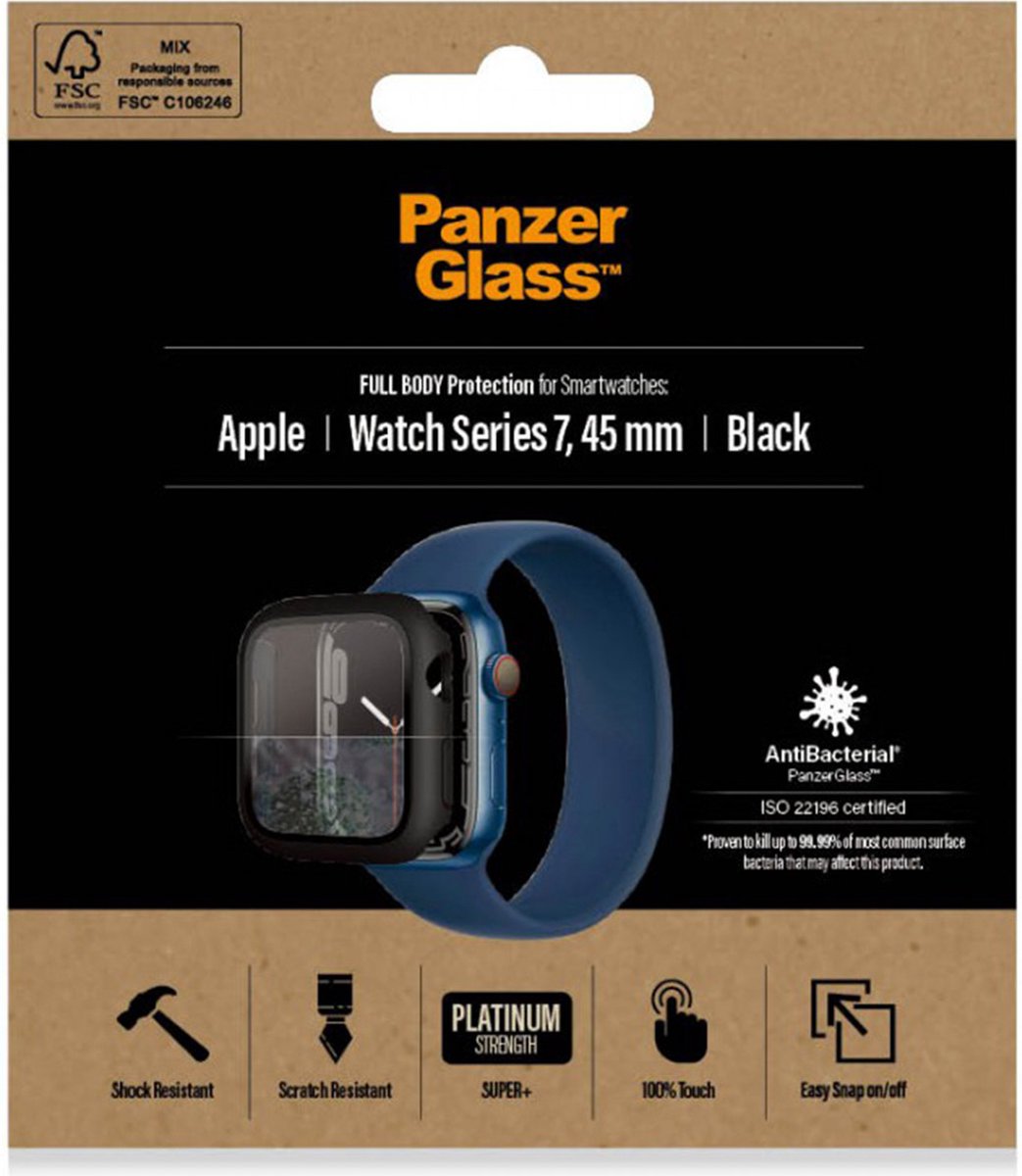 PanzerGlass Antibacteriële Full Body Screenprotector Apple Watch Series 7 45 mm - Zwart