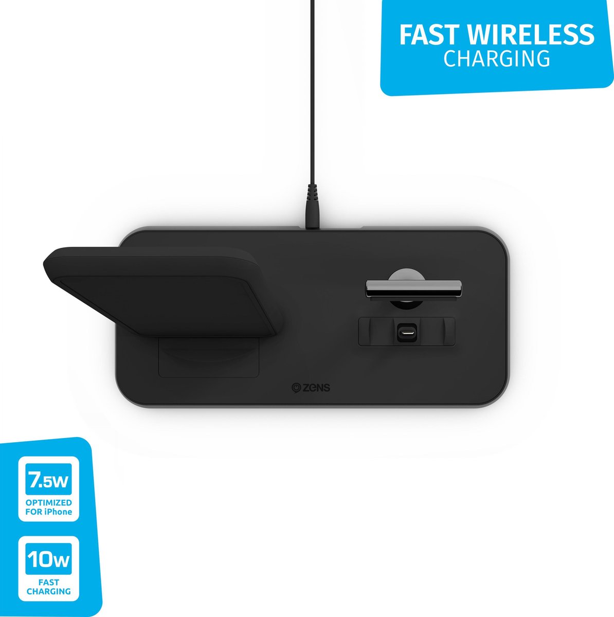 Zens Draadloze Oplader 10W met Standaard en AirPods Dock - Zwart