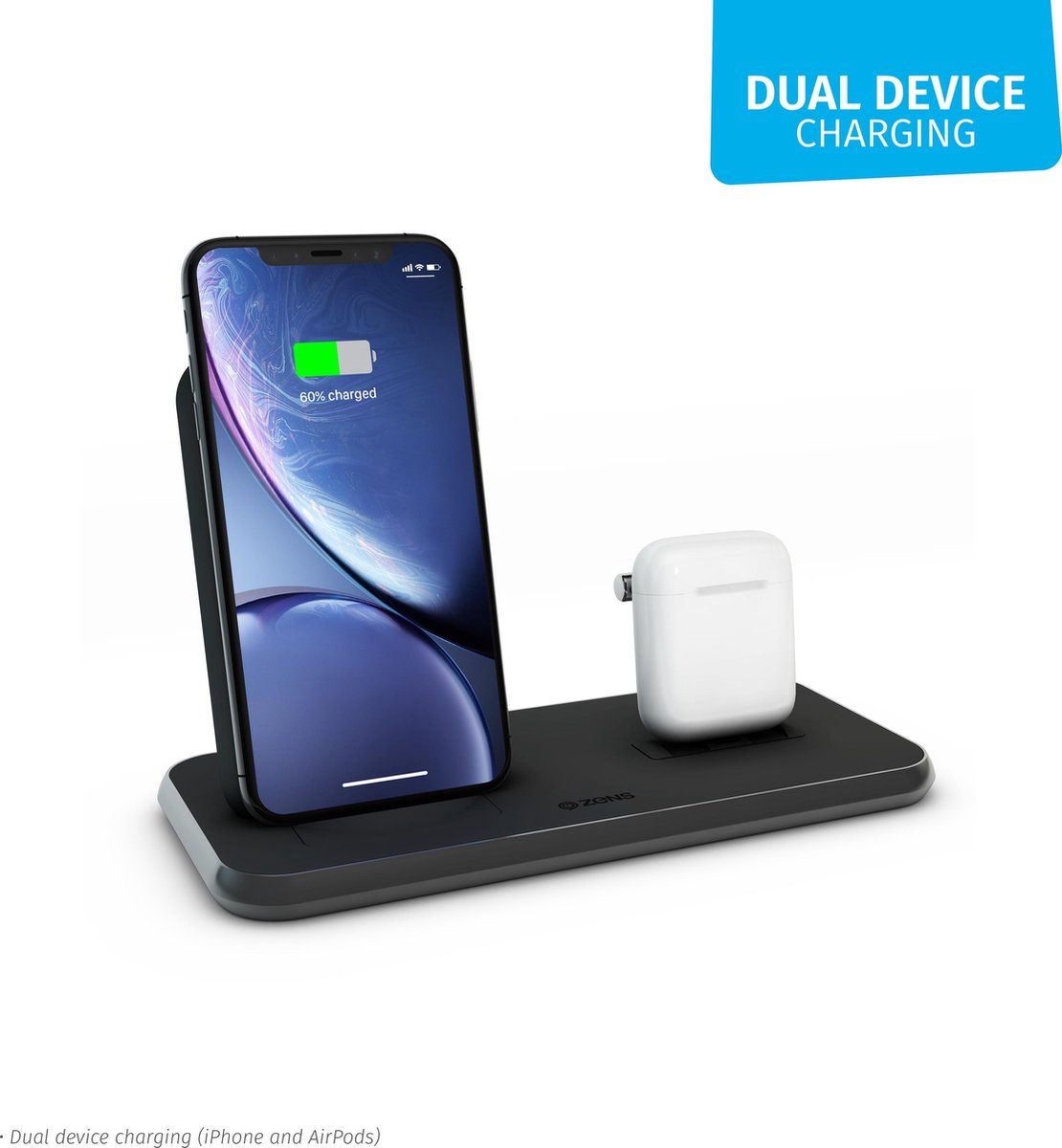 Zens Draadloze Oplader 10W met Standaard en AirPods Dock - Zwart