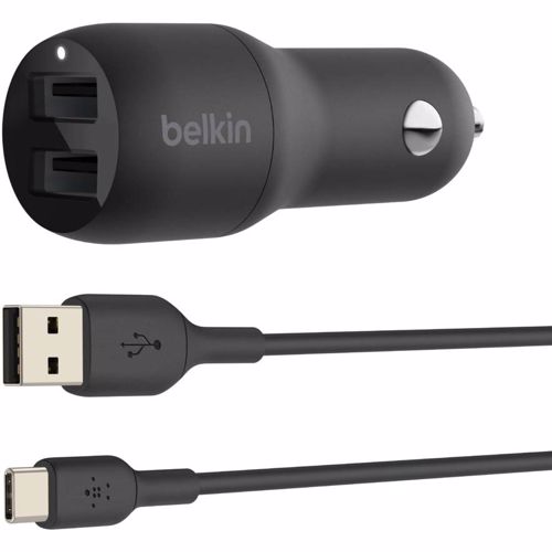 Belkin dual USB-A autolader met USB-A/USB-C kabel - Zwart
