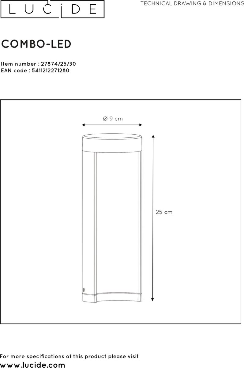 Lucide Combo Tuinpaal LED - 25 cm - Zwart