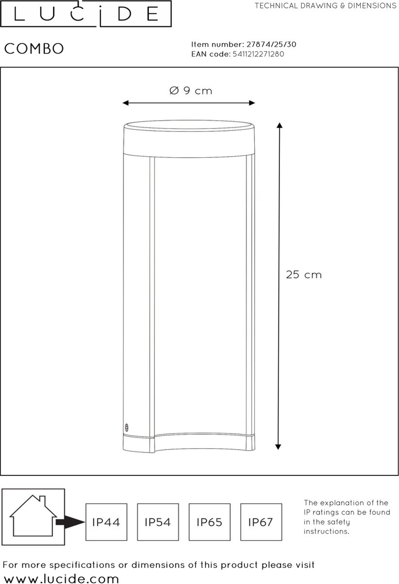 Lucide Combo Tuinpaal LED - 25 cm - Zwart