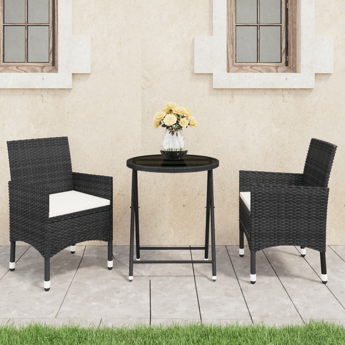 Vidaxl 3-delige Bistroset Poly Rattan En Gehard Glas - Negro