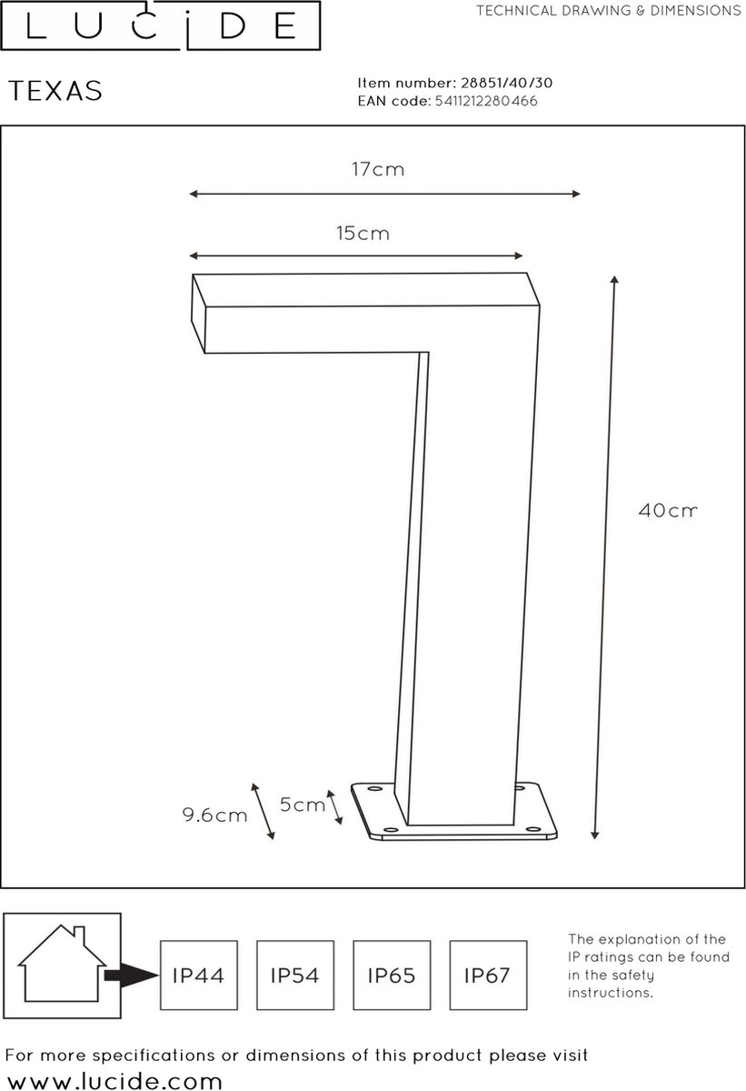 Lucide Texas Tuinpaal 40 cm LED - - Zwart