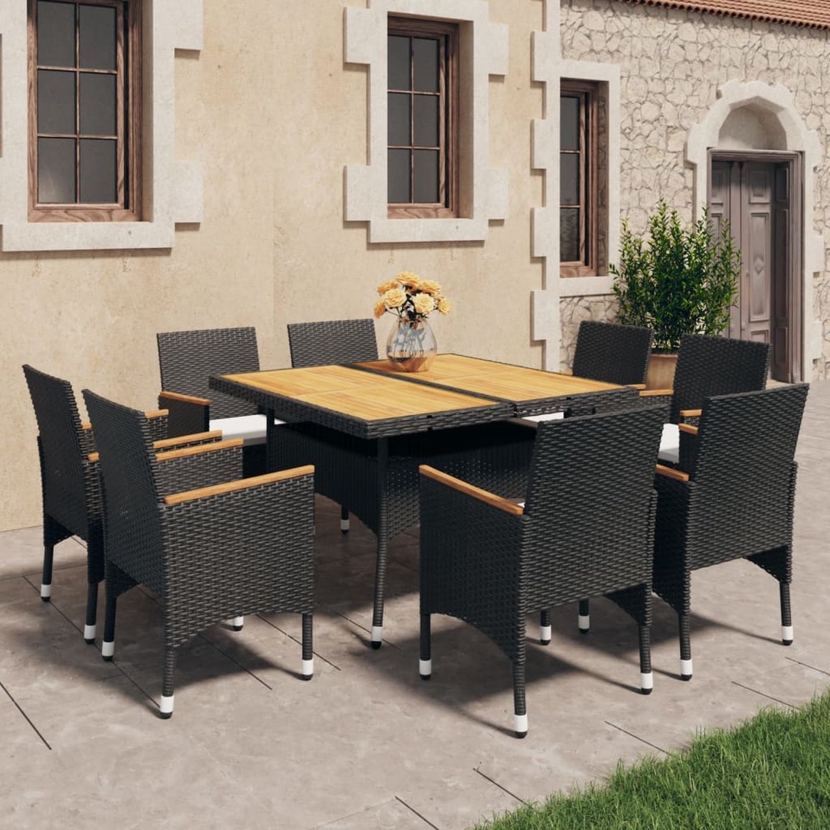 Vidaxl 9-delige Tuinset Poly Rattan En Acaciahout - Negro