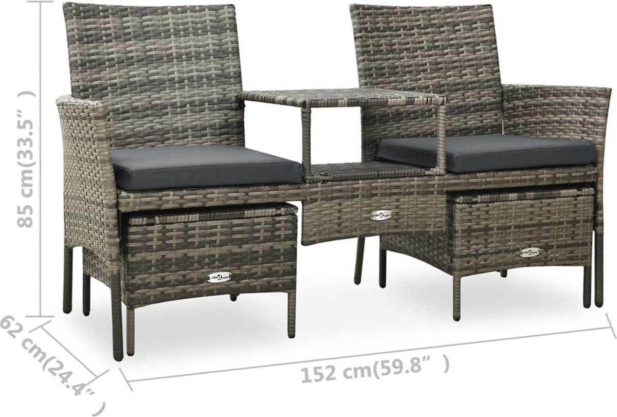 Vidaxl Tuinbank Met Tafeltje En Krukken Tweezits Poly Rattan - Grijs