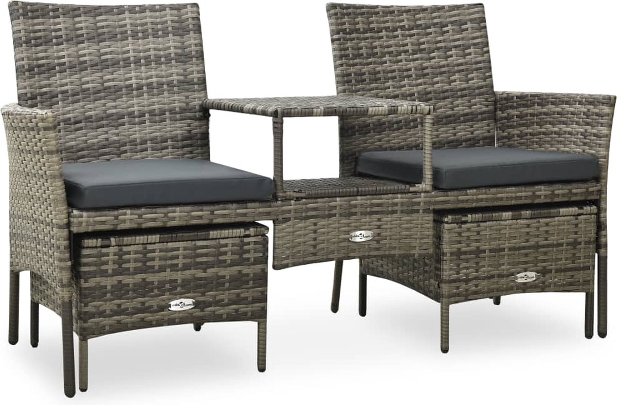Vidaxl Tuinbank Met Tafeltje En Krukken Tweezits Poly Rattan - Grijs